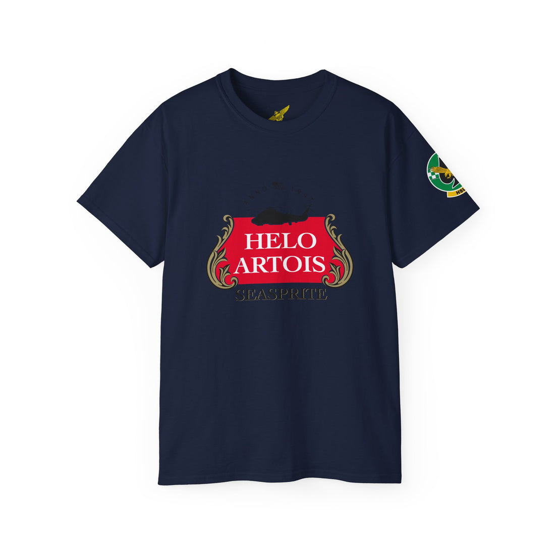 SH-2 Helo Artois HSL-34 "Greencheckers" Tee,  US Navy Beverage inspired T-shirt with the Helicopter ASW Light Squadron logo on the Arm, Shop at Hippy"s Goodness