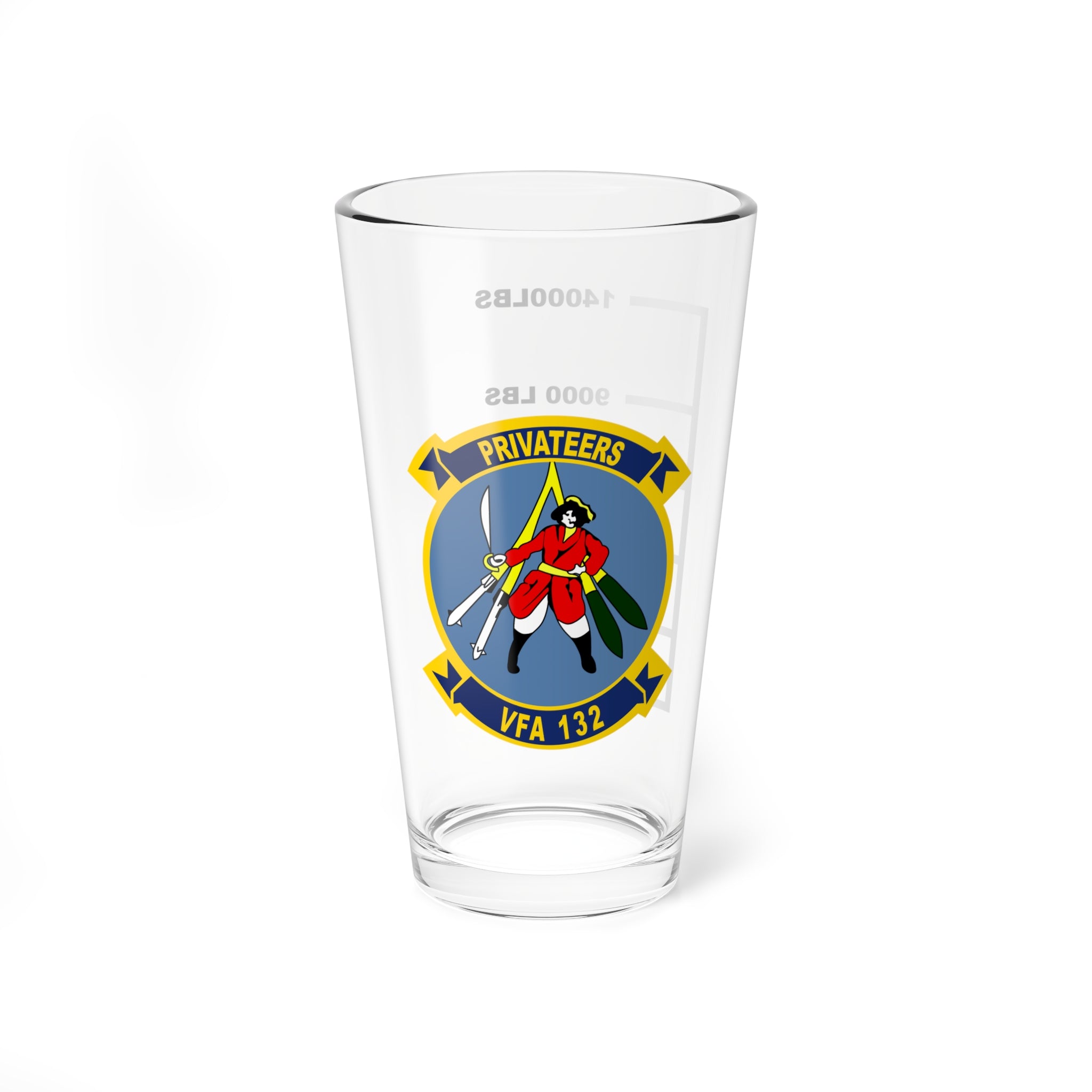 VFA-132 "Privateers" Fuel Low Pint Glass, Navy Strike Fighter Squadron flying the F/A-18 Hornet