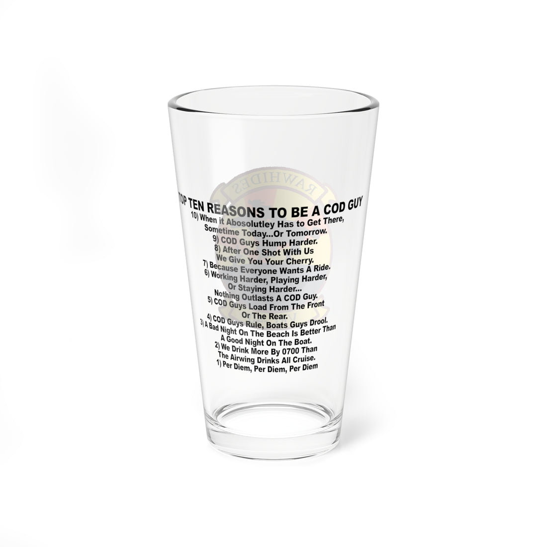 VRC-40 Top Ten Reasons Pint Glass, Navy Carrier Onboard Delivery Aircraft with Reasons to be a COD Guy