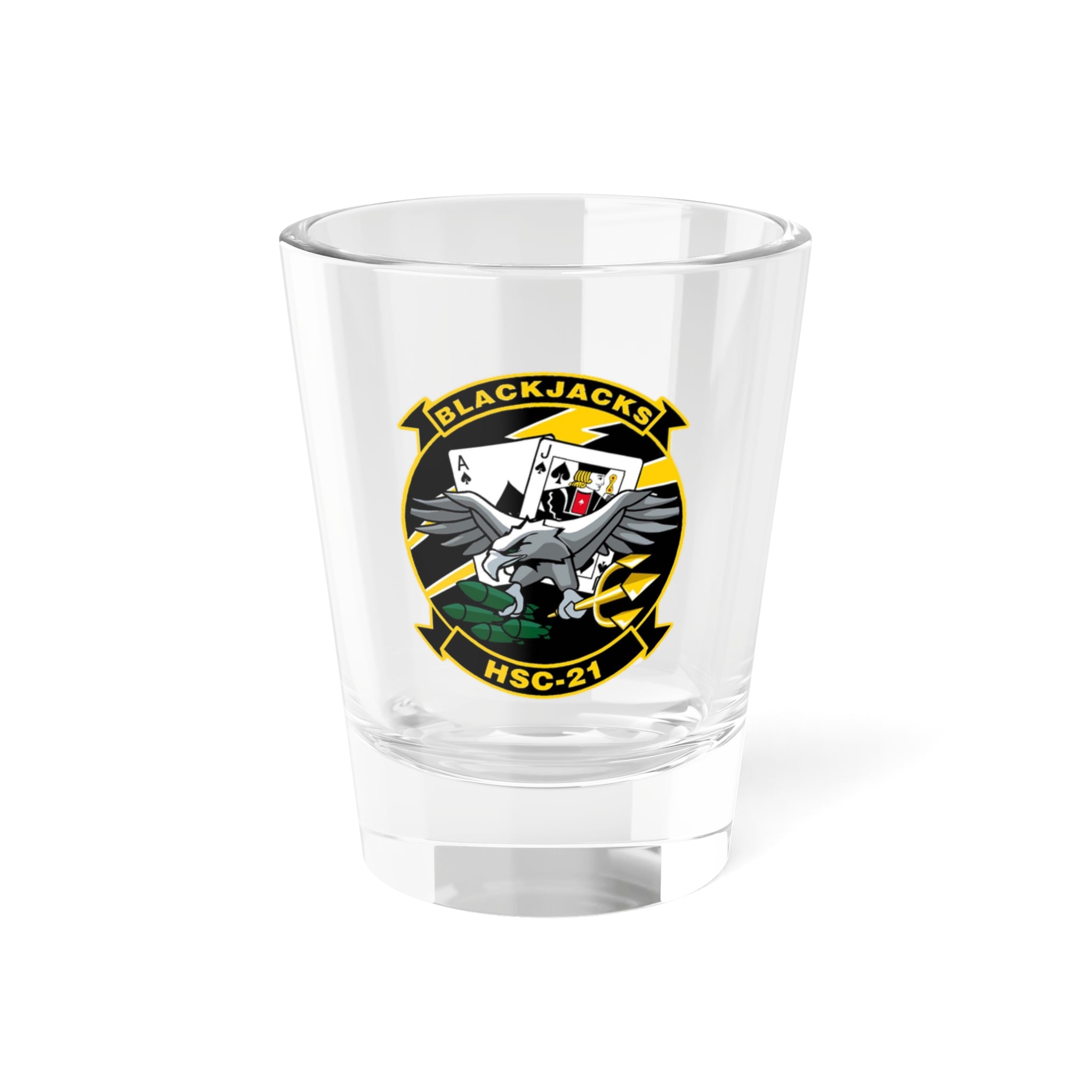 HSC-21 "Blackjacks" Shot Glass, Navy Helicopter Combat Support Squadron Squadron flying the MH-60S Knighthawk